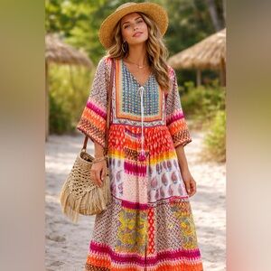 Miss Nikky Boho Patchwork Maxi Dress | Rayon | Tassel Tie | XL